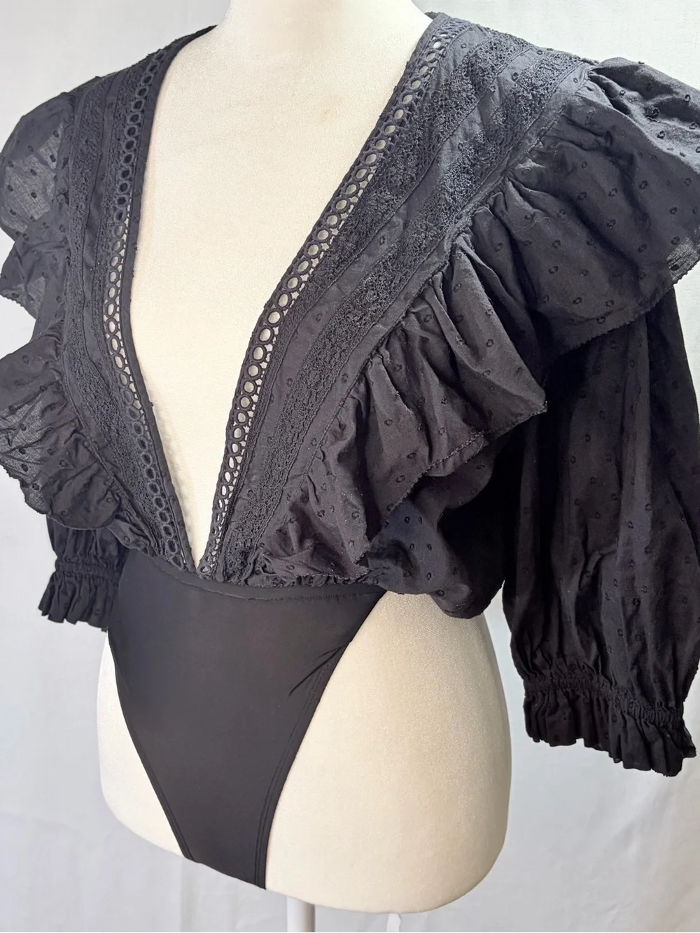 Farm Rip Blk Lace Eyelet Dot Ruffle Bodysuit Blouse Deep V Neck Puff Sleeve Sz